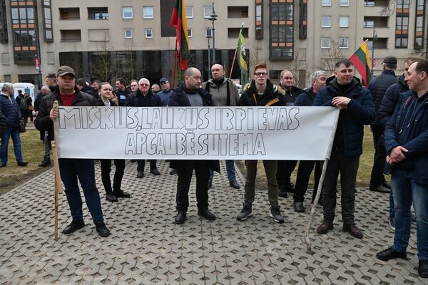На фото: участники акции протеста держат в руках плакат с надписью &quot;На леса, луга и поля опустились сумерки&quot;. - Sputnik Литва
