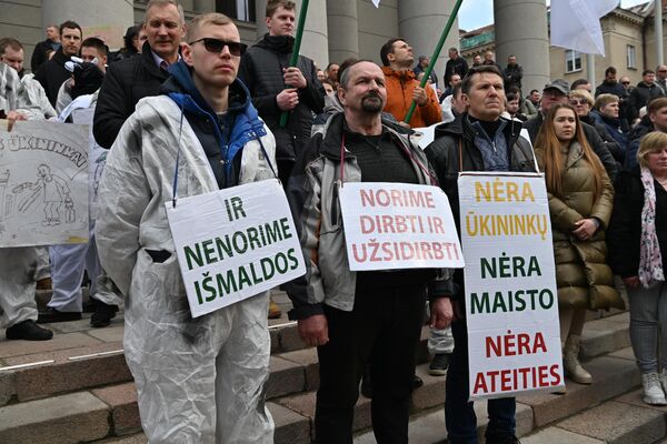 На акцию протеста фермеры пришли с плакатами: &quot;Хотим работать и зарабатывать&quot;, &quot;И не хотим милостыни&quot;, &quot;Нет фермеров, нет продуктов питания, нет будущего&quot;. - Sputnik Литва