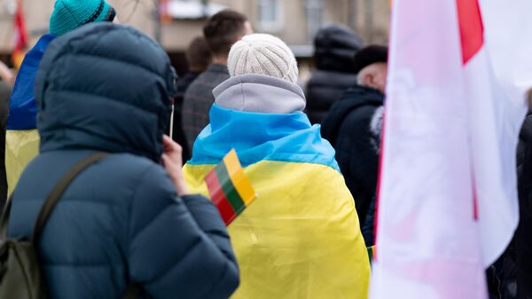 Женщина с украинским флагом на плечах, архивное фото - Sputnik Литва