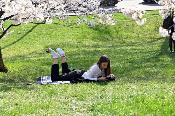 На фото: девушка отдыхает в парке Вильнюса под сакурой. - Sputnik Литва