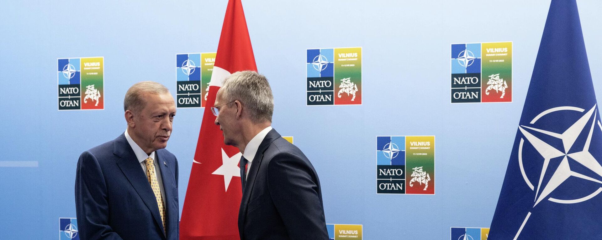 Генеральный секретарь НАТО Йенс Столтенберг приветствует президента Турции Реджепа Тайипа Эрдогана во время прибытия на саммит НАТО в Вильнюсе - Sputnik Литва, 1920, 12.07.2023