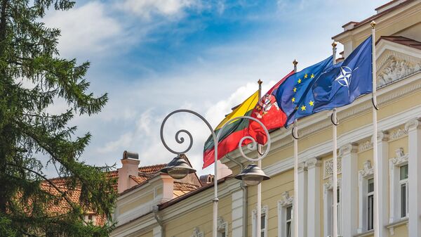 Флаги НАТО, Организации Североатлантического договора, Европейского союза и Литвы во время саммита НАТО в центре Вильнюса, Литва - Sputnik Литва