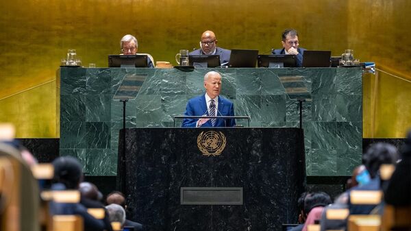 Президент Джо Байден выступает на 78-й сессии Генеральной Ассамблеи ООН. - Sputnik Литва