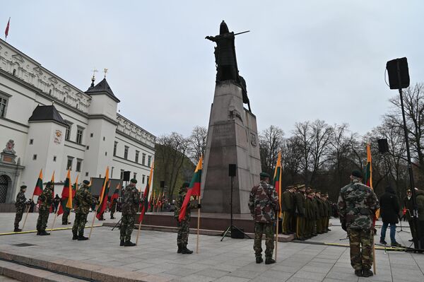 В понедельник на Кафедральной площади у подножия памятника Гедиминасу состоялась символическая церемония чествования флага. - Sputnik Литва