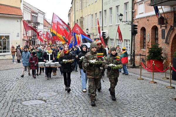 Участники шествия пришли с флагами и барабанами. - Sputnik Литва