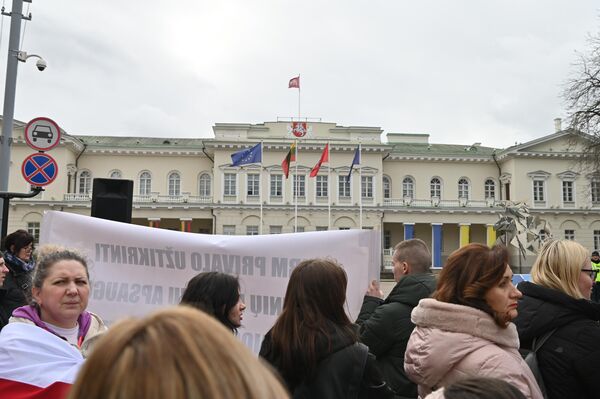 Участники акции завершили шествие возле Президентского дворца на площади имени Симонаса Даукантаса, где состоялся митинг в защиту школ нацменьшинств. - Sputnik Литва