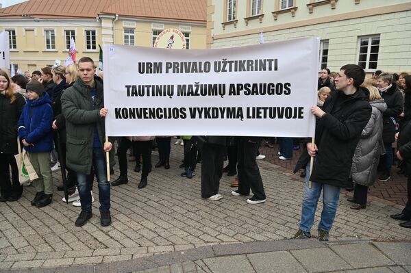 На фото: участники акции держат плакат с надписью: &quot;МИД обязан гарантировать действие конвенции о защите нацменьшинств в Литве&quot;. - Sputnik Литва