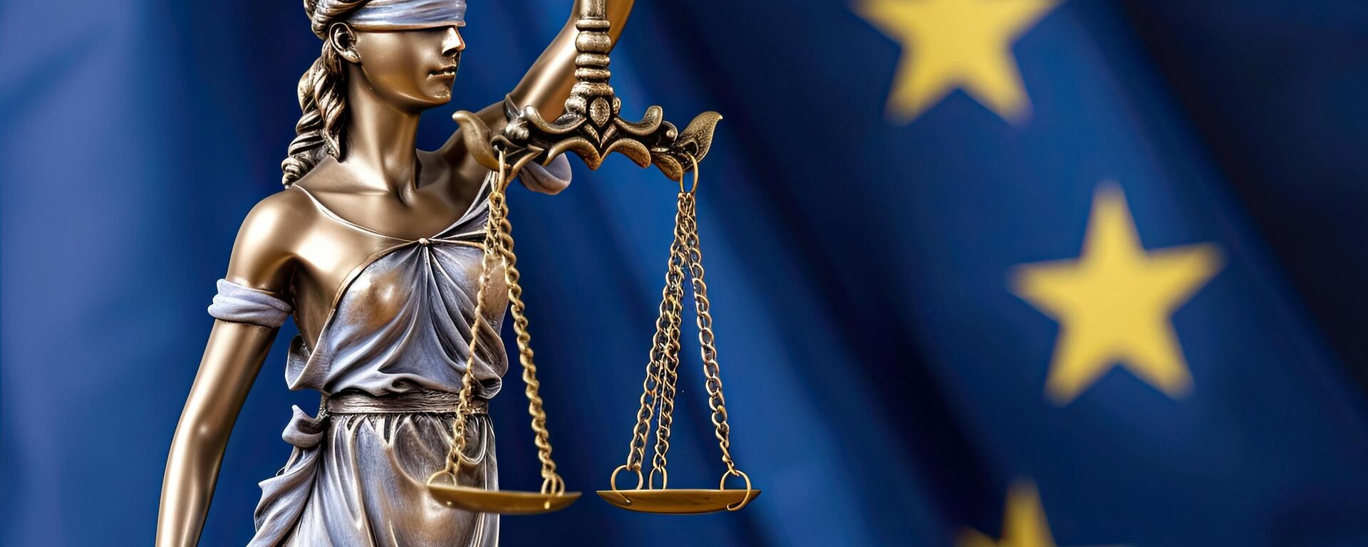 Статуэтка Фемиды на фоне флага Евросоюза, архивное фото - Sputnik Литва, 1920, 02.02.2026
