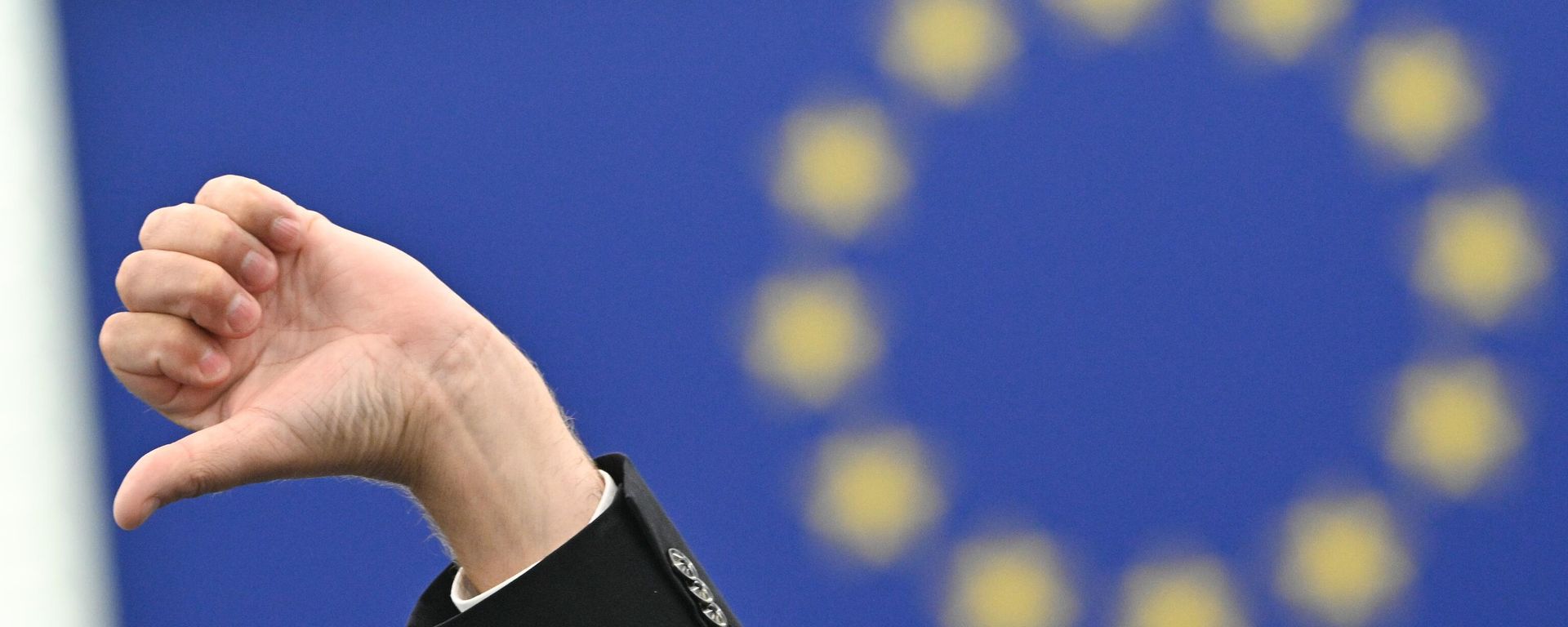 Рука с опущеным большим пальцем на фоне флага Евросоюза, архивное фото - Sputnik Литва, 1920, 29.06.2026
