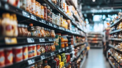 Полки с продуктами в супермаркете, архивное фото