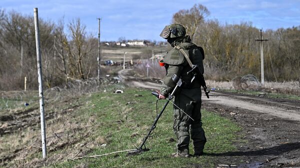 Российский военнослужащий выполняет задачи по разминированию территорий  - Sputnik Литва