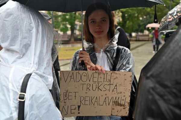 На фото: участница акции протеста держит плакат с надписью: "Учебников мало, а требований много". На фото: участница акции протеста держит плакат с надписью: "Учебников мало, а требований много". - Sputnik Литва