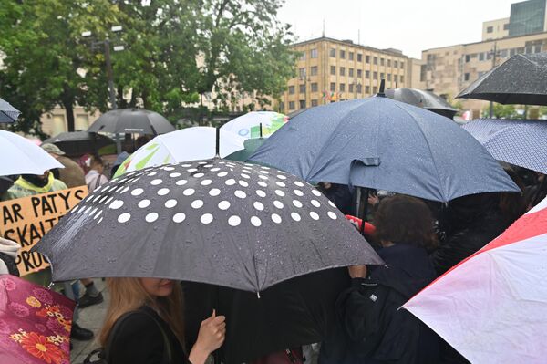 Не смотря на проливной дождь акция состоялась и даже к митингующим вышла министр образования. Не смотря на проливной дождь акция состоялась и даже к митингующим вышла министр образования. - Sputnik Литва