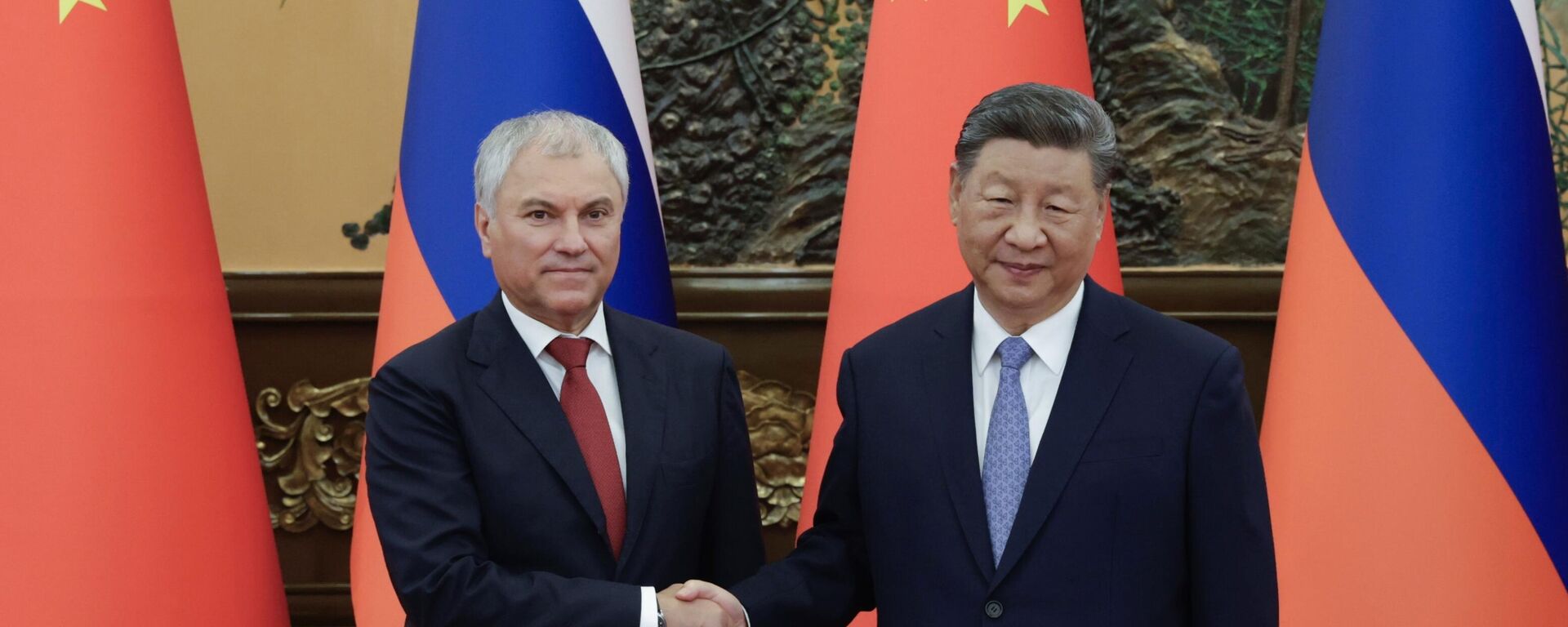 Председатель Государственной думы РФ Вячеслав Володин и председатель КНР Си Цзиньпин - Sputnik Литва, 1920, 26.08.2025