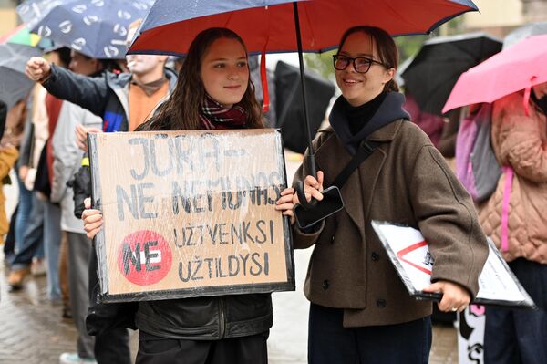На фото: участницы протеста с плакатом &quot;Море – не Нямунас, не загородишь, не заглушишь&quot;. - Sputnik Литва