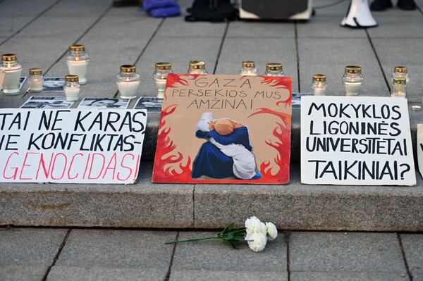 Надписи на плакатах: &quot;Это не война, не конфликт. Это — геноцид&quot;, &quot;Газа будет преследовать нас вечно&quot;, &quot;Школы, больницы, университеты — цели?&quot; - Sputnik Литва