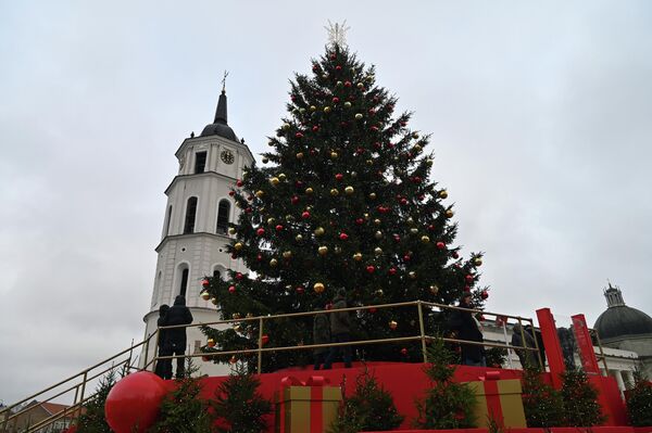 Рождественская елка окружена платформой высотой три метра, шириной 17 метров, на которой со всех сторон разложены огромные рождественские шары и подарки. Конструкция, позволяет вблизи полюбоваться символом главных праздников Вильнюса. - Sputnik Литва