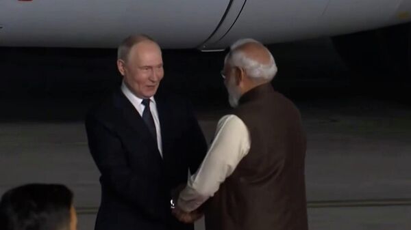 Встреча президента России Владимира Путина и премьер-министр Индии Нарендры Моди в аэропорту - Sputnik Литва