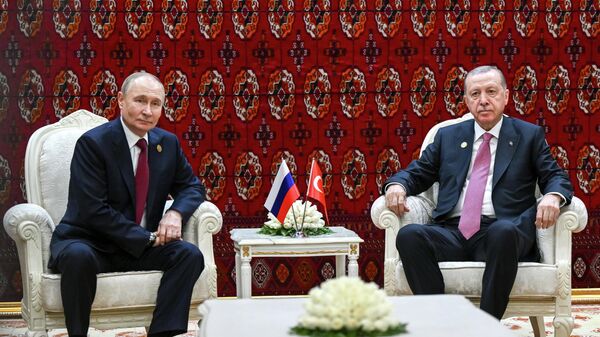 Президент РФ Владимир Путин и президент Турции Реджеп Тайип Эрдоган (слева) - Sputnik Литва