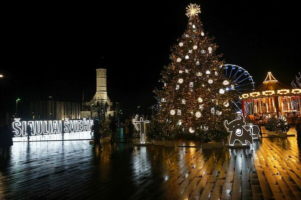 В Шяуляе вот уже 33 года рождественскую елку городу дарят жители. Ветви дерева украсили символы, напоминающие городскую геральдику: медведь, бык, княжеская шляпа с оком провидения.  - Sputnik Литва