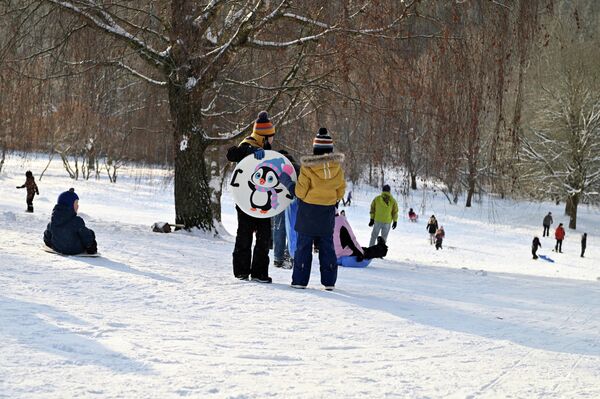 На фото: дети катаются на санках в парке Вингис в Вильнюсе. - Sputnik Литва