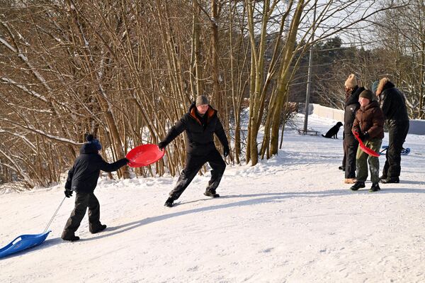 В парк Вингис жители Вильнюса выбрались целыми семьями: кто-то кататься на лыжах, санках, ледянках, а кто-то просто прогуляться. - Sputnik Литва