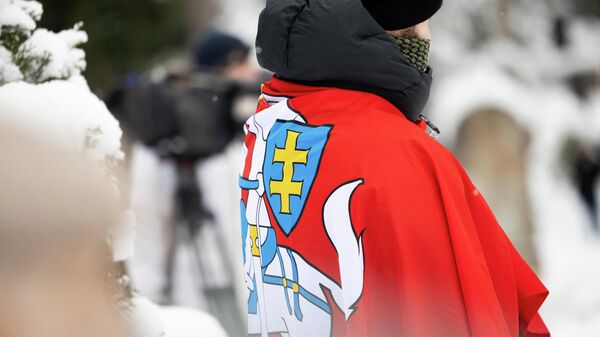 Жительница Литвы с национальным флагом Литвы с гербом - Sputnik Литва