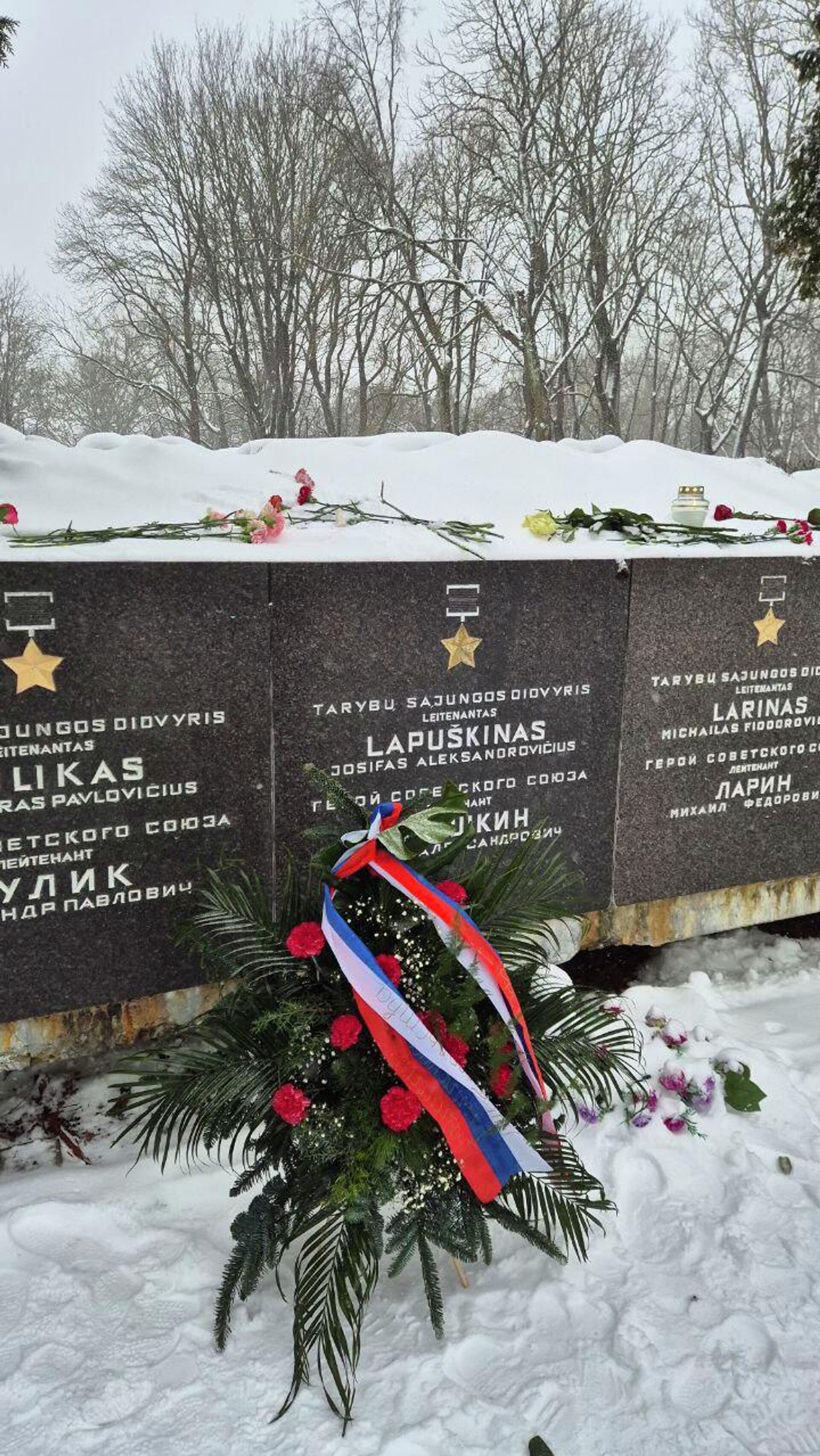 Сотрудники посольства России в Литве и ветераны у мемориала советским воинам  - Sputnik Литва, 1920, 28.01.2026