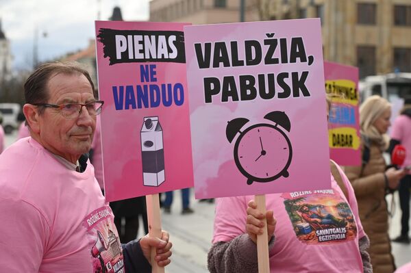 На фото: участники акции протеста держат плакаты с надписями: "Молоко — не вода", "Власти, проснитесь". - Sputnik Литва