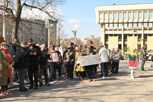 На фото: участники протеста с плакатом "СТОП Райтелайтене — председательнице Профсоюза работников лесной и лесной промышленности, матери Ругинене". - Sputnik Литва