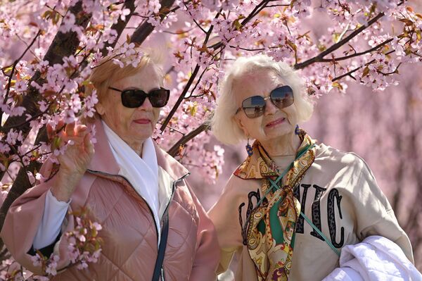 В воздухе витает романтичная атмосфера — люди фотографируются на фоне нежных лепестков и просто любуются чудом пробуждения природы. - Sputnik Литва