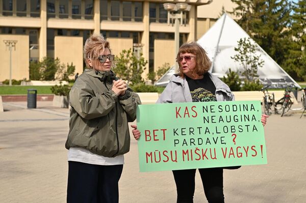 На фото: участница акции протеста держит плакат с надписью: "Кто не сажает, не выращивает, но рубит, богатеет от продажи? Воры наших лесов". - Sputnik Литва