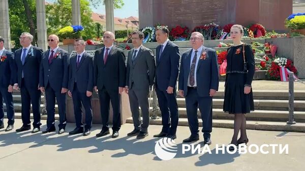 Традиционная церемония возложения венков и цветов к памятнику советскому воину-освободителю на Шварценбергплатц в Вене - Sputnik Литва