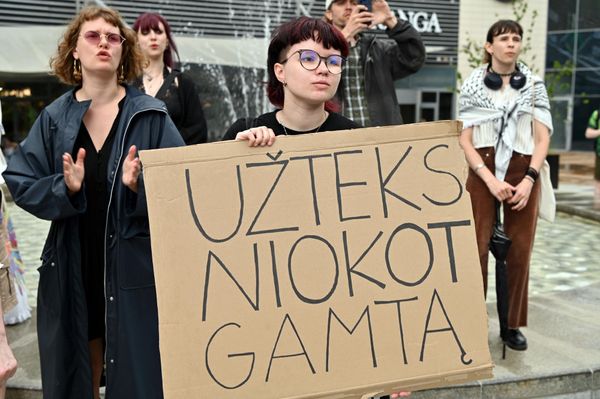 На фото: участница акции протеста держит плакат с надписью: "Хватит уничтожать природу". - Sputnik Литва
