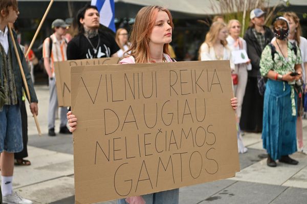 На фото: участница акции протеста держит плакат с надписью: "Вильнюсу нужно больше неприкосновенной природы". - Sputnik Литва