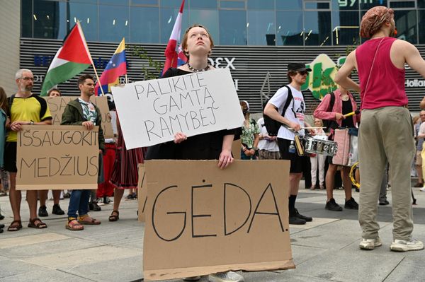 На фото: участники акции протеста держат плакаты с надписями: "Сохраните деревья", "Оставьте природу в покое", "Стыдно". - Sputnik Литва