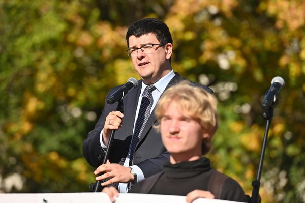 Перед протестующими выступил лидер "Национального объединения" Витаутас Синица. - Sputnik Литва