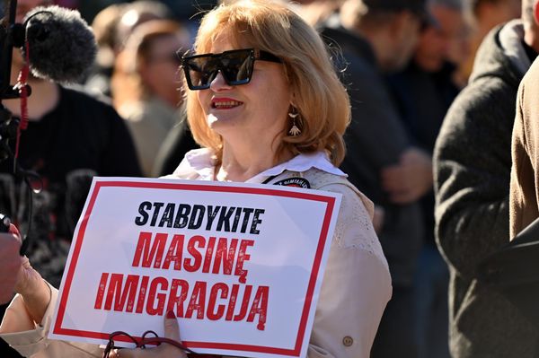 На фото: участница акции протеста держит плакат с надписью: "Остановите массовую иммиграцию". - Sputnik Литва