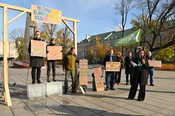 Организаторы установили виселицу на площади Кудирки, и двое участников с петлями на шее встали на ледяные кубы, которые начали на солнце таять. - Sputnik Литва