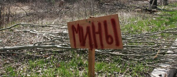 Lentelė su užrašu minos Donecko priemiestyje Lentelė su užrašu minos Donecko priemiestyje - Sputnik Lietuva