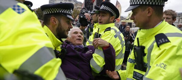 Сотрудники полиции и участники акции протеста движения Extinction Rebellion на Трафальгарской площади в Лондоне, 7 октября 2019 Сотрудники полиции и участники акции протеста движения Extinction Rebellion на Трафальгарской площади в Лондоне, 7 октября 2019 - Sputnik Lietuva