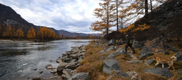 Местный житель с собакой в селе Алыгджер в Иркутской области Местный житель с собакой в селе Алыгджер в Иркутской области - Sputnik Lietuva