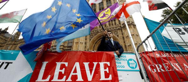 Протестующий против Brexit развевает флаг ЕС возле здания парламента в Лондоне, 27 октября 2019 года Протестующий против Brexit развевает флаг ЕС возле здания парламента в Лондоне, 27 октября 2019 года - Sputnik Литва