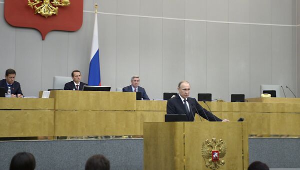 Президент РФ В. Путин выступил на пленарном заседании Госдумы РФ - Sputnik Lietuva