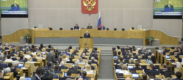 Президент РФ В. Путин выступил на пленарном заседании Госдумы РФ - Sputnik Литва