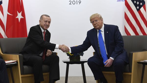 JAV prezidentas Donaldas Trampas ir Turkijos prezidentas Tajipas Erdoganas - Sputnik Lietuva