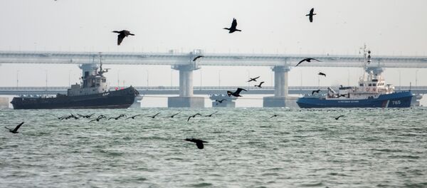 Буксировка задержанных украинских катеров и буксира из порта Керчи, 17 ноября 2019 года Буксировка задержанных украинских катеров и буксира из порта Керчи, 17 ноября 2019 года - Sputnik Lietuva