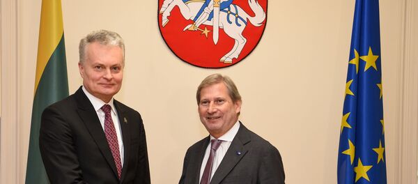 Президент Литвы Гитанас Науседа на встрече с еврокомиссаром по вопросам расширения и политики добрососедства Йоханнесом Ханом Президент Литвы Гитанас Науседа на встрече с еврокомиссаром по вопросам расширения и политики добрососедства Йоханнесом Ханом - Sputnik Lietuva