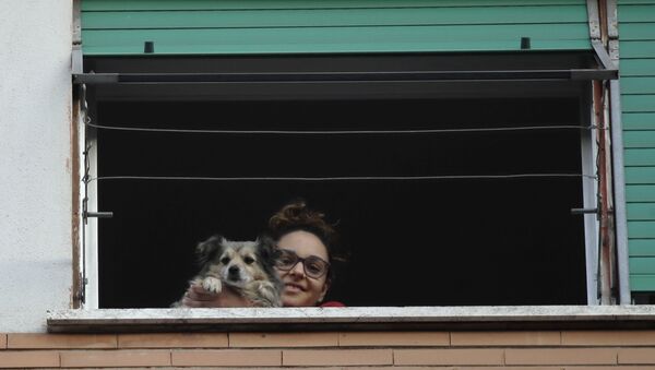 Девочка с собакой в окне во время карантина в Риме - Sputnik Lietuva