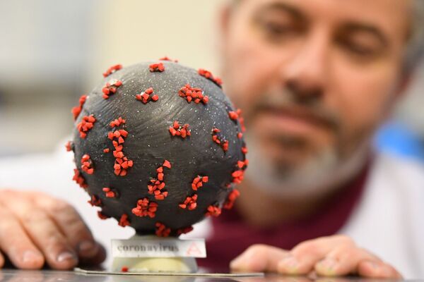 Французский кондитер демонстрирует шоколадное яйцо в форме коронавируса - Sputnik Литва